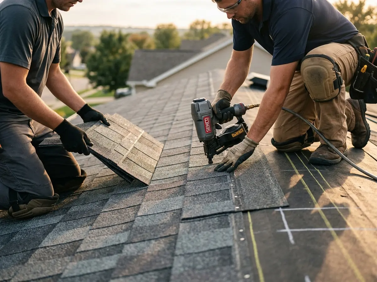 Professional roofer working on a residential roof in Steger